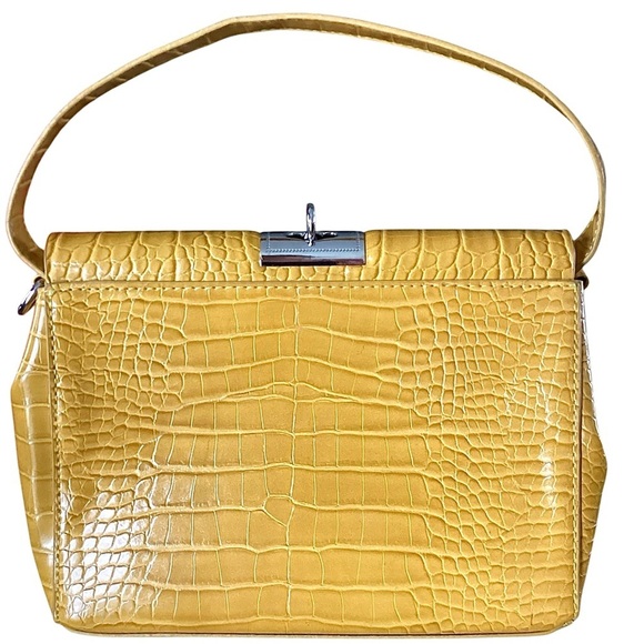 Top Handle Yellow Faux Crocodile Embossed Handbag Turn Lock Closure Like New - Picture 4 of 14